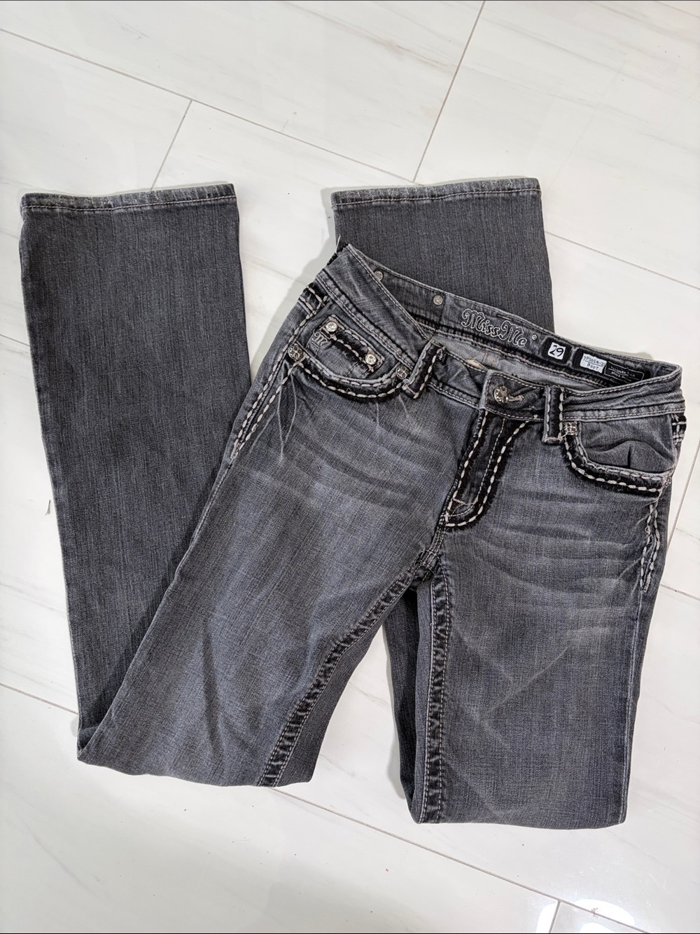 Miss Me Buckle Women's Washed Gray Bootcut Jeans with Contrast Stitching size 29